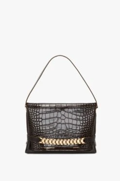 Victoria Beckham Chain Pouch With Strap In Chocolate Croc-Effect Leather