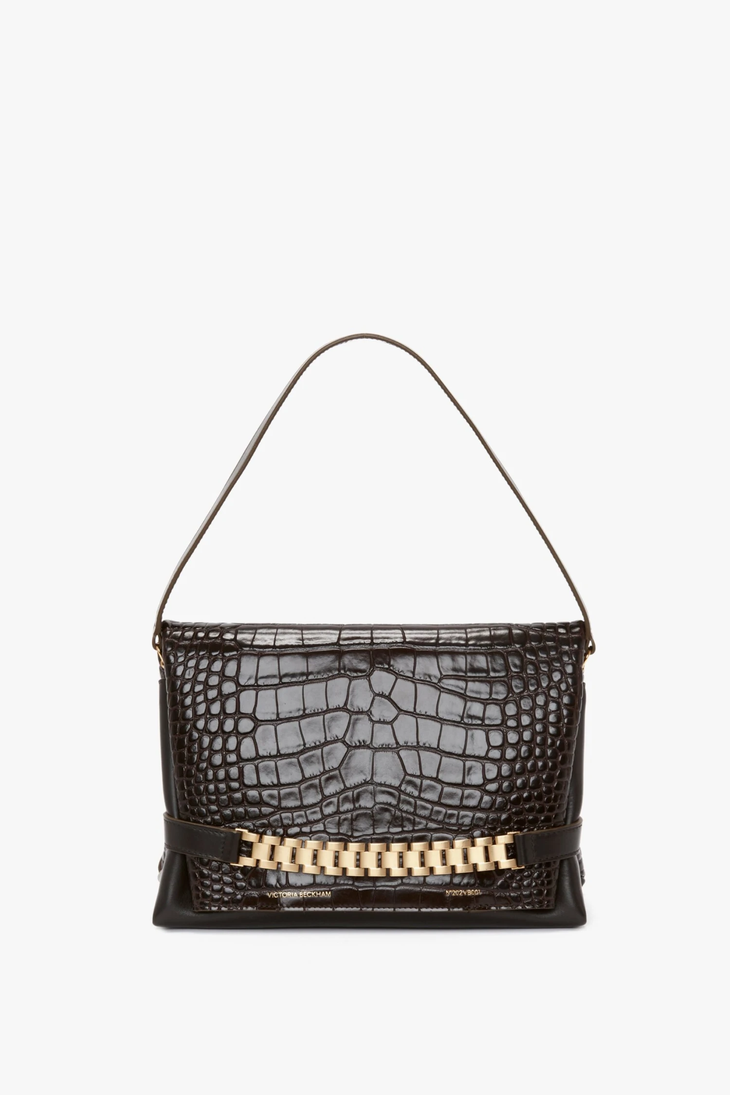 Victoria Beckham Chain Pouch With Strap In Chocolate Croc-Effect Leather 1 Victoria Beckham Chain Pouch With Strap In Chocolate Croc-Effect Leather