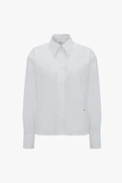Victoria Beckham Cropped Long Sleeve Shirt In White -Victoria Beckham VictoriaBeckham CuffDetailOversizedShirtInWhite 1423WSH004912B Front Model1 JPG