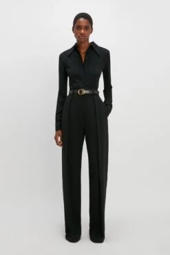 Victoria Beckham Wide Leg Pleated Trouser In Black