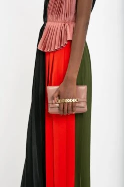 Victoria Beckham Mini Chain Pouch With Long Strap In Truffle Leather -Victoria Beckham VictoriaBeckham MiniPouchWithLongStrapInTruffleLeather B423AAC005135B Dress front Model7 JPG