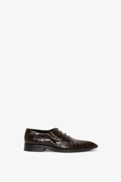 Victoria Beckham Pointy Toe Flat Lace Up In Chocolate Croc-Effect Leather