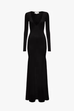 Victoria Beckham Deep V Knitted Gown In Black -Victoria Beckham VictoriaBeckham VBxMyTheresaKnittedDeepVGowninBlack BLACK 1123KDR004214A 2700 4050 247 WHITE LR HR Flatshot Flatshot1 JPG