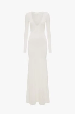 Victoria Beckham Deep V Knitted Gown In White -Victoria Beckham VictoriaBeckham VBxMyTheresaKnittedDeepVGowninWhite WHITE 1123KDR004214A 2700 4050 247 WHITE LR HR Flatshot Flatshot1 JPG