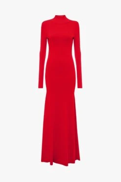 Victoria Beckham Polo Neck Knitted Gown In Red -Victoria Beckham VictoriaBeckham VBxMyTheresaKnittedPoloNeckGowninRed RED 1123KDR004215A 2700 4050 247WHITE LRHR Back Model4 JPG